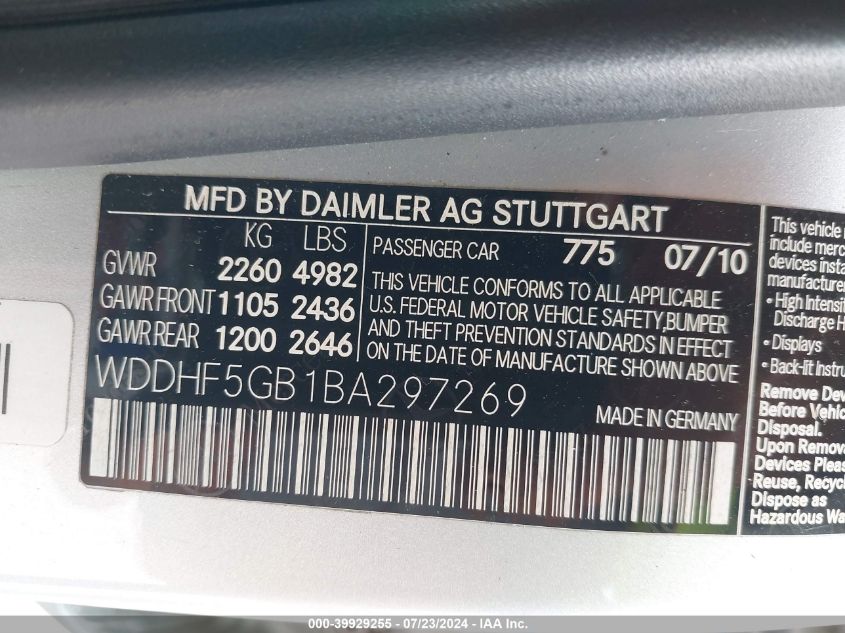 WDDHF5GB1BA297269 2011 Mercedes-Benz E 350