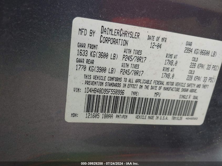 2005 Dodge Durango Slt VIN: 1D4HB48D95F558996 Lot: 39929258