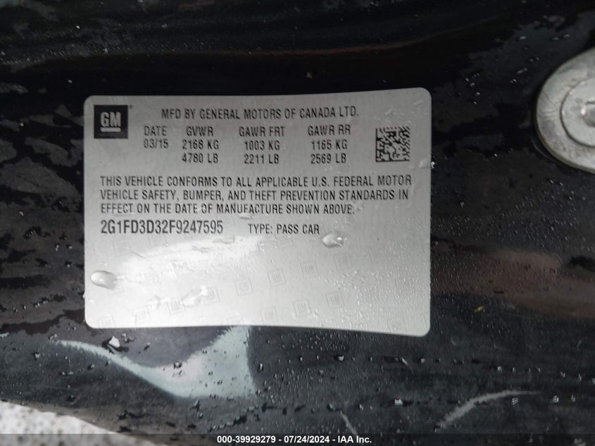 2015 Chevrolet Camaro Lt VIN: 2G1FD3D32F9247595 Lot: 39929279