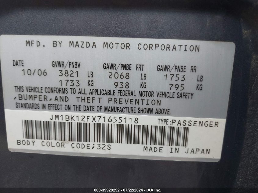 2007 Mazda Mazda3 I VIN: JM1BK12FX71655118 Lot: 39929292