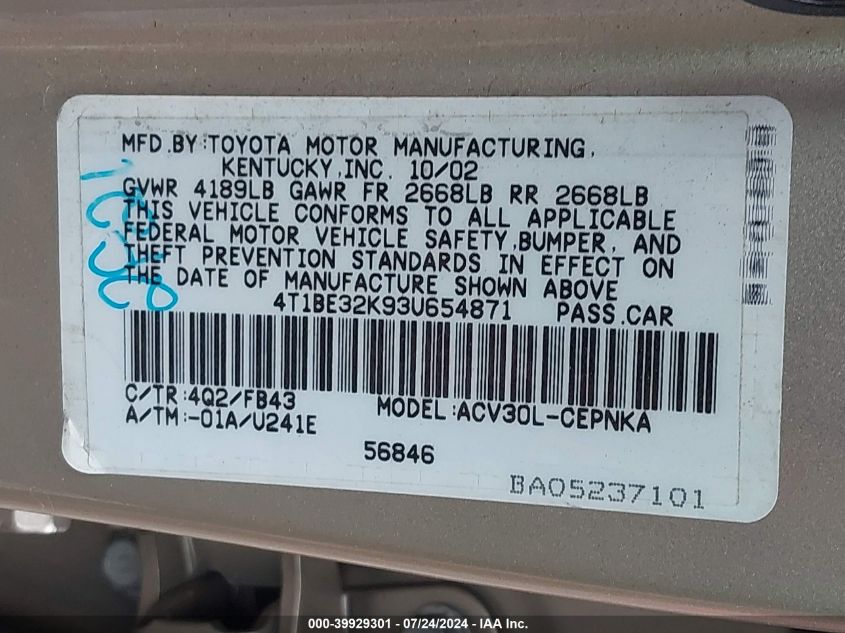 2003 Toyota Camry Le VIN: 4T1BE32K93U654871 Lot: 39929301