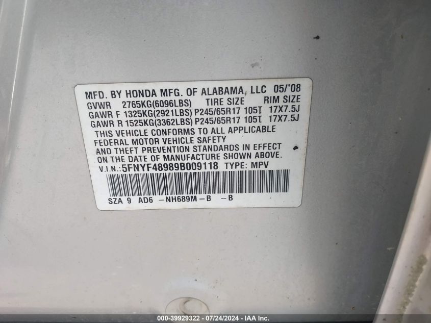 2009 Honda Pilot Touring VIN: 5FNYF48989B009118 Lot: 39929322