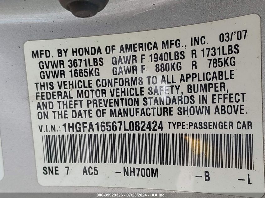 2007 Honda Civic Lx VIN: 1HGFA16567L082424 Lot: 39929326