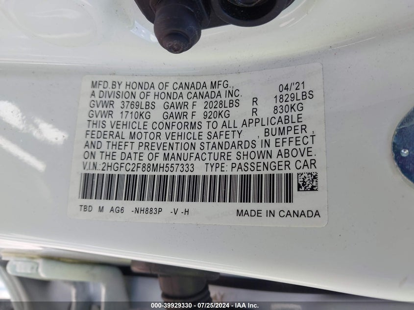 VIN 2HGFC2F88MH557333 2021 HONDA CIVIC SPORT