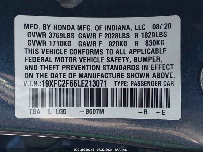 2020 HONDA CIVIC LX - 19XFC2F66LE213071