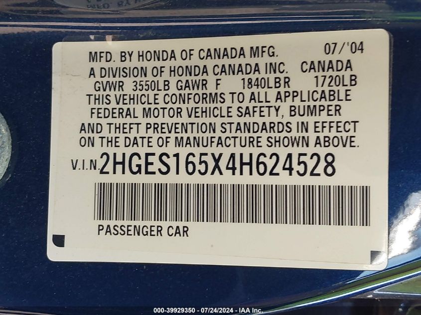 2004 Honda Civic Lx VIN: 2HGES165X4H624528 Lot: 39929350