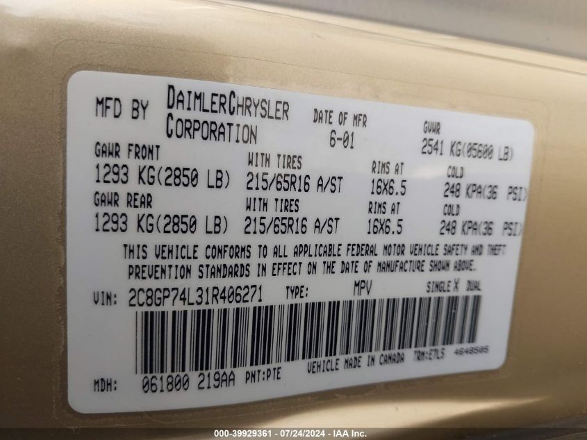 2001 Chrysler Town & Country Ex VIN: 2C8GP74L31R406271 Lot: 39929361