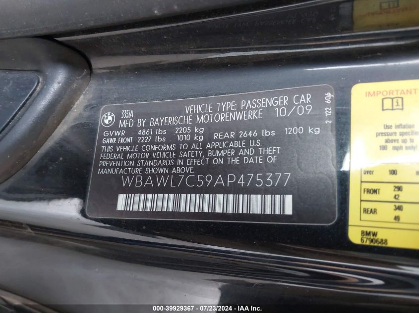 2010 BMW 335I VIN: WBAWL7C59AP475377 Lot: 39929367