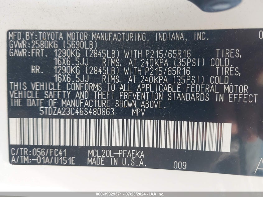 2006 Toyota Sienna Le VIN: 5TDZA23C46S480863 Lot: 39929371