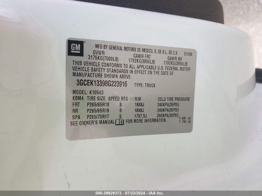 2008 Chevrolet Silverado 1500 Ltz VIN: 3GCEK13398G223916 Lot: 39929372