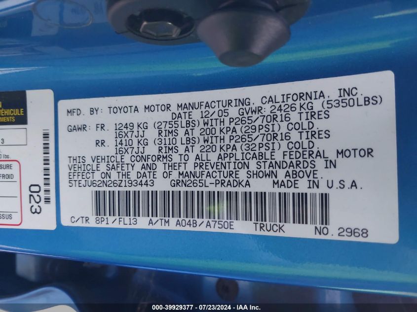 2006 Toyota Tacoma Prerunner V6 VIN: 5TEJU62N26Z193443 Lot: 39929377