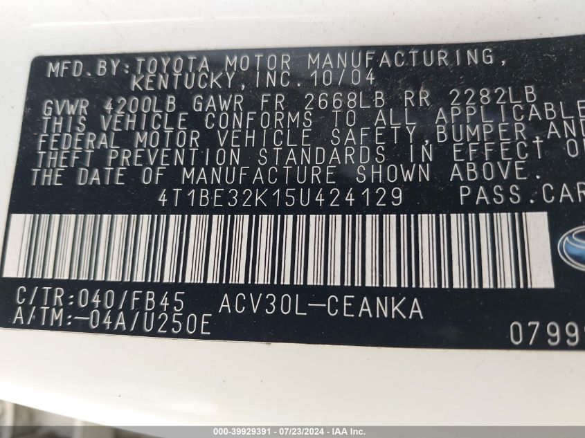 2005 Toyota Camry Le VIN: 4T1BE32K15U424129 Lot: 39929391