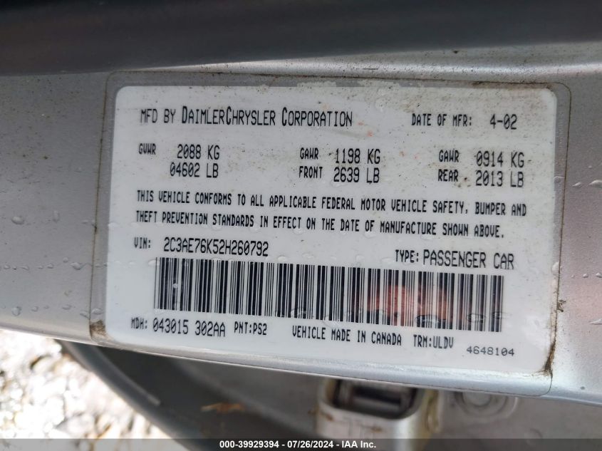 2002 Chrysler 300M Special Edition VIN: 2C3AE76K52H260792 Lot: 39929394