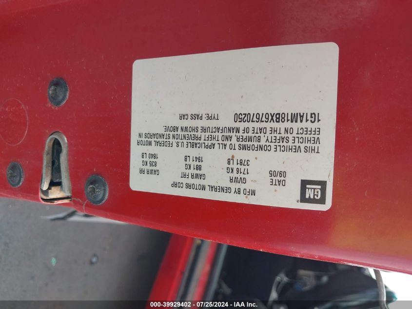 2006 Chevrolet Cobalt Ss VIN: 1G1AM18BX67670250 Lot: 39929402