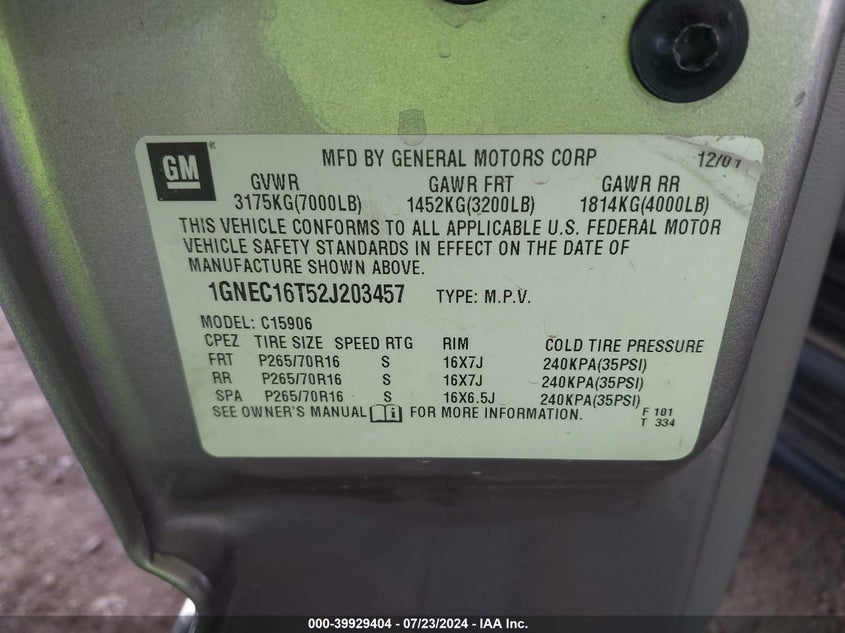 2002 Chevrolet Suburban 1500 Lt VIN: 1GNEC16T52J203457 Lot: 39929404