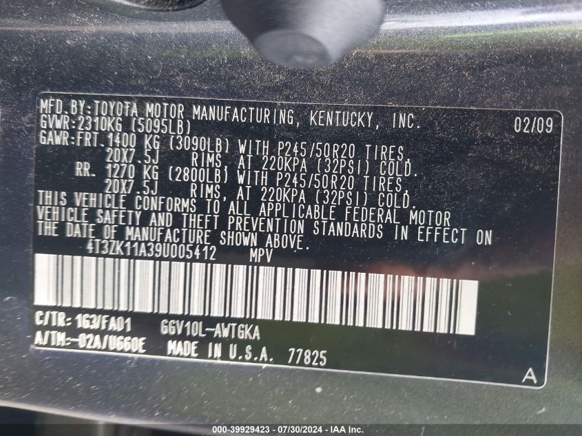 2009 Toyota Venza Base V6 VIN: 4T3ZK11A39U005412 Lot: 39929423