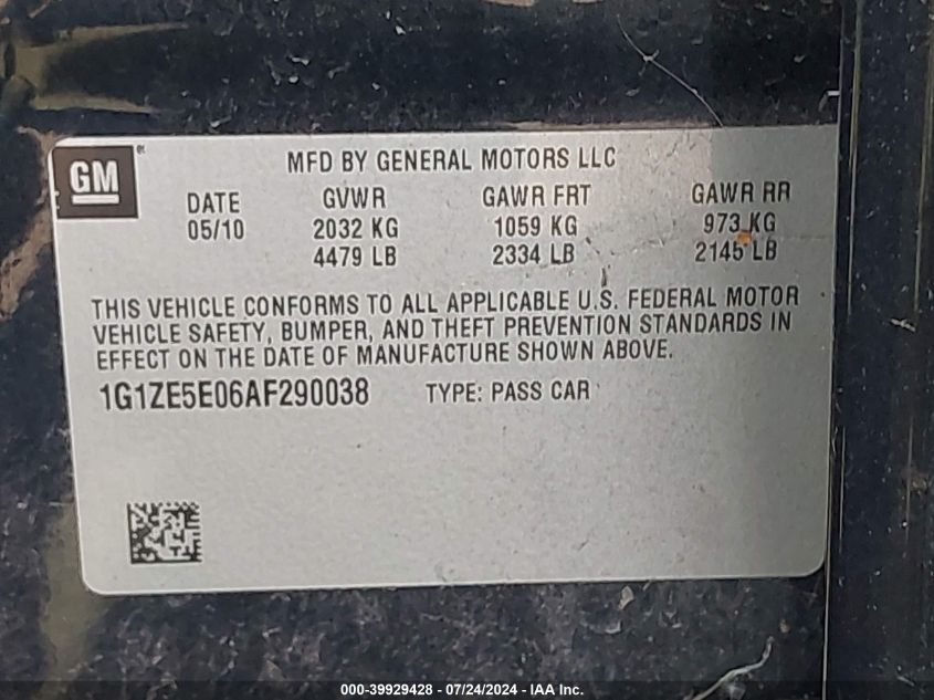 2010 Chevrolet Malibu Ltz VIN: 1G1ZE5E06AF290038 Lot: 39929428