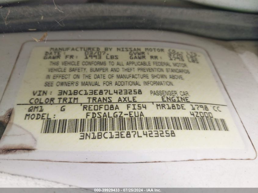 2007 Nissan Versa 1.8Sl VIN: 3N1BC13E87L423258 Lot: 39929433