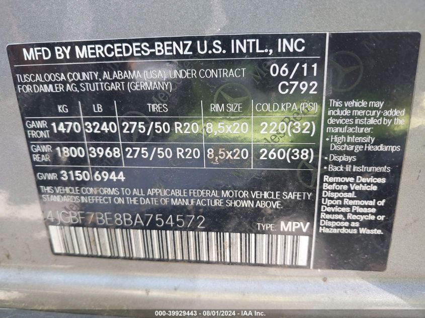 4JGBF7BE8BA754572 2011 Mercedes-Benz Gl 450 4Matic