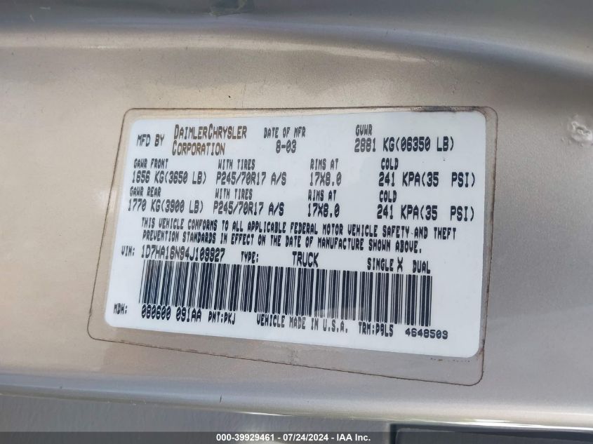 2004 Dodge Ram 1500 St VIN: 1D7HA16N94J109927 Lot: 39929461