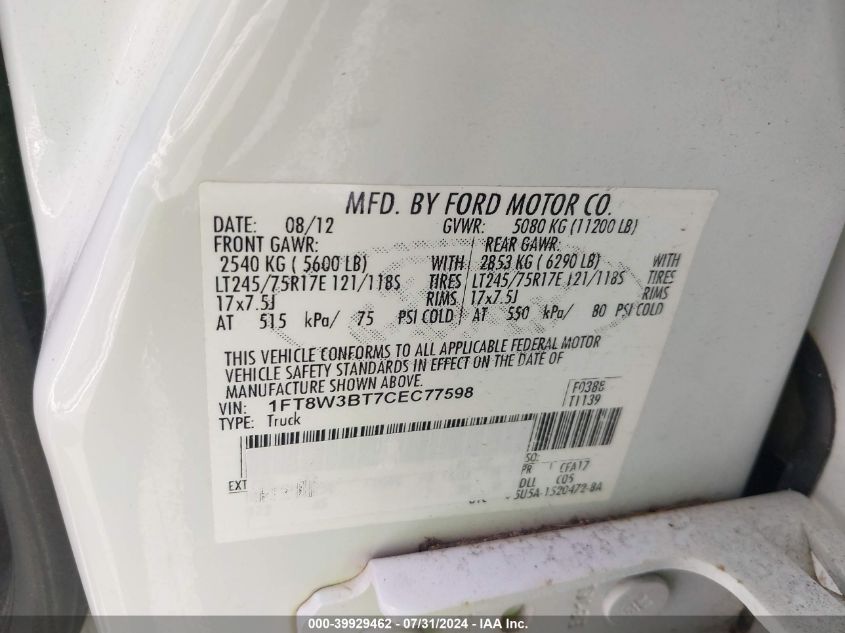2012 Ford F350 Super Duty VIN: 1FT8W3BT7CEC77598 Lot: 39929462