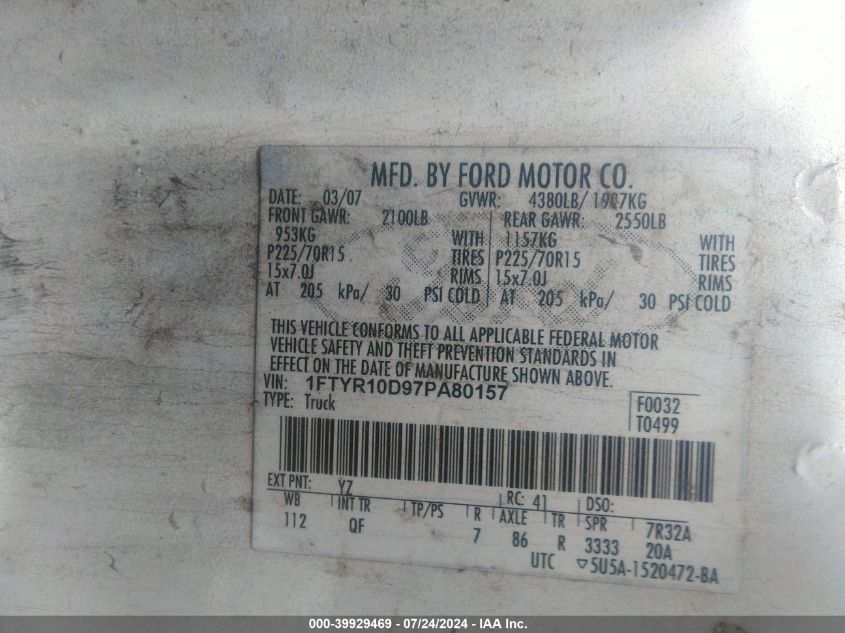 2007 Ford Ranger Stx/Xl/Xlt VIN: 1FTYR10D97PA80157 Lot: 39929469