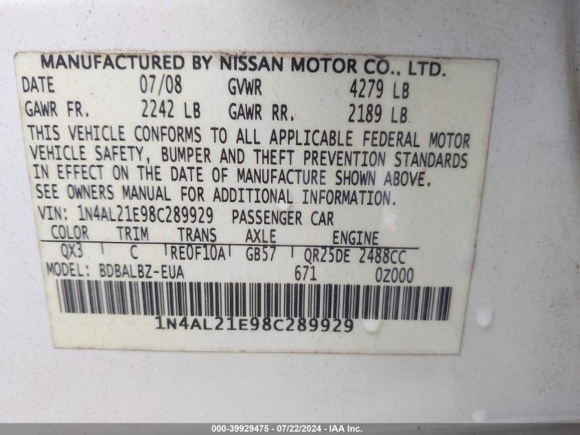 1N4AL21E98C289929 2008 Nissan Altima 2.5 S