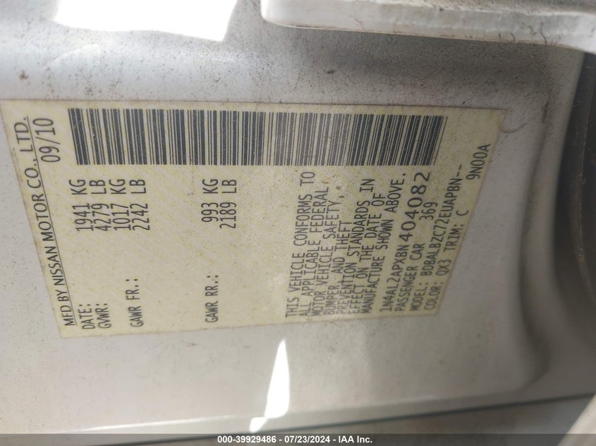 2011 Nissan Altima 2.5 S VIN: 1N4AL2APXBN404082 Lot: 39929486