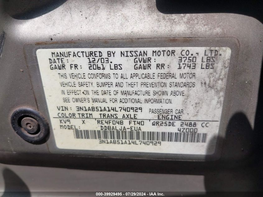 2004 Nissan Sentra 2.5S VIN: 3N1AB51A14L740929 Lot: 39929495