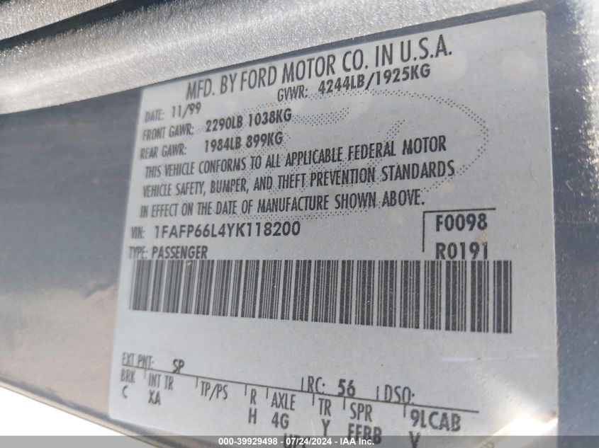 2000 Ford Contour Se/Se Sport VIN: 1FAFP66L4YK118200 Lot: 39929498