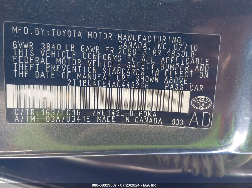 2010 Toyota Corolla Le VIN: 2T1BU4EE4AC443266 Lot: 39929507