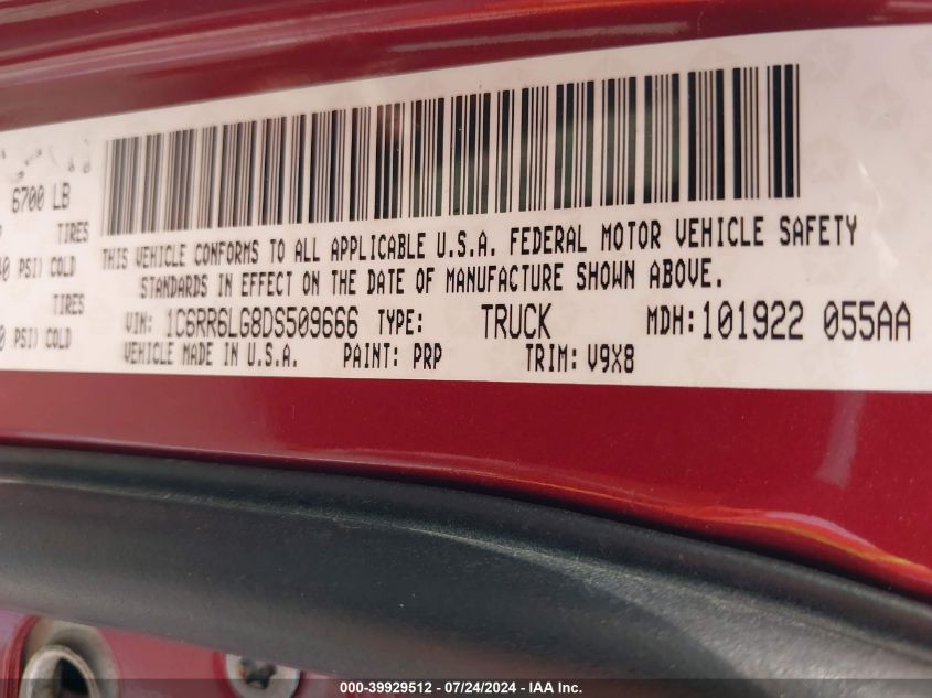 2013 Ram 1500 Slt VIN: 1C6RR6LG8DS509666 Lot: 39929512