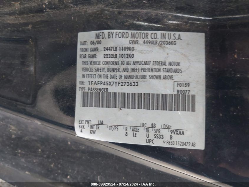 2000 Ford Mustang Gt VIN: 1FAFP45X7YF273633 Lot: 39929524