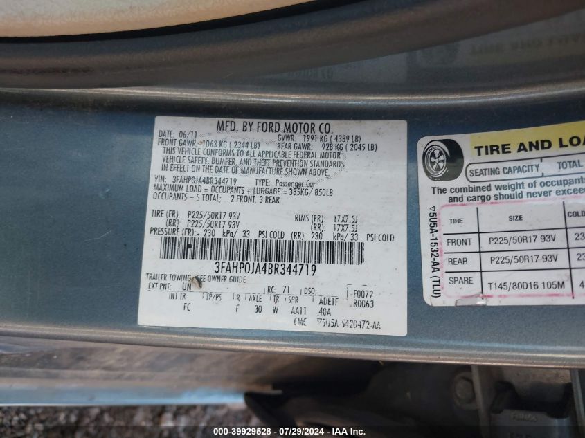 2011 Ford Fusion Sel VIN: 3FAHP0JA4BR344719 Lot: 39929528