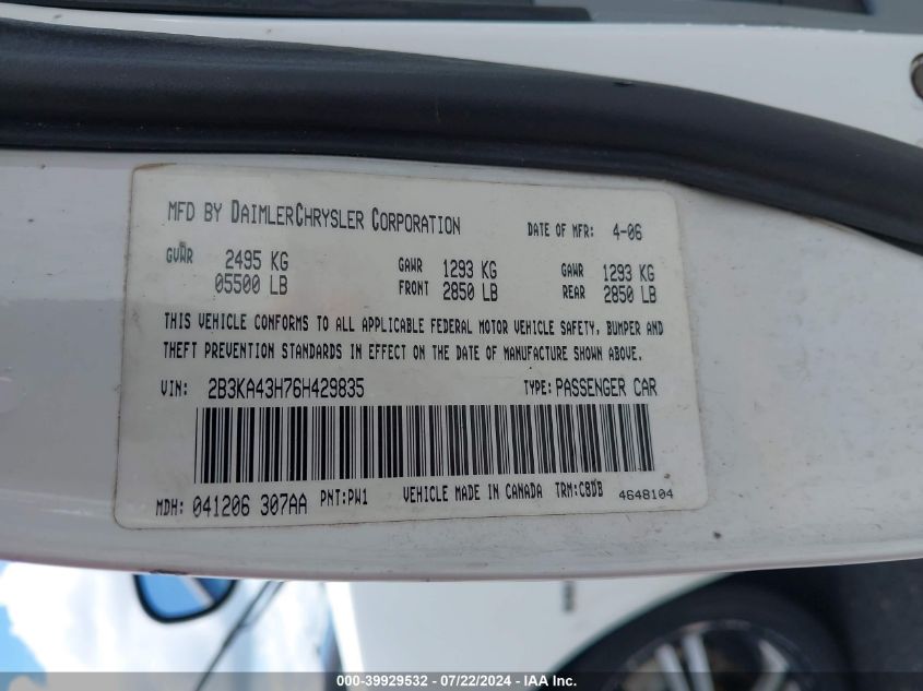 2006 Dodge Charger VIN: 2B3KA43H76H429835 Lot: 39929532