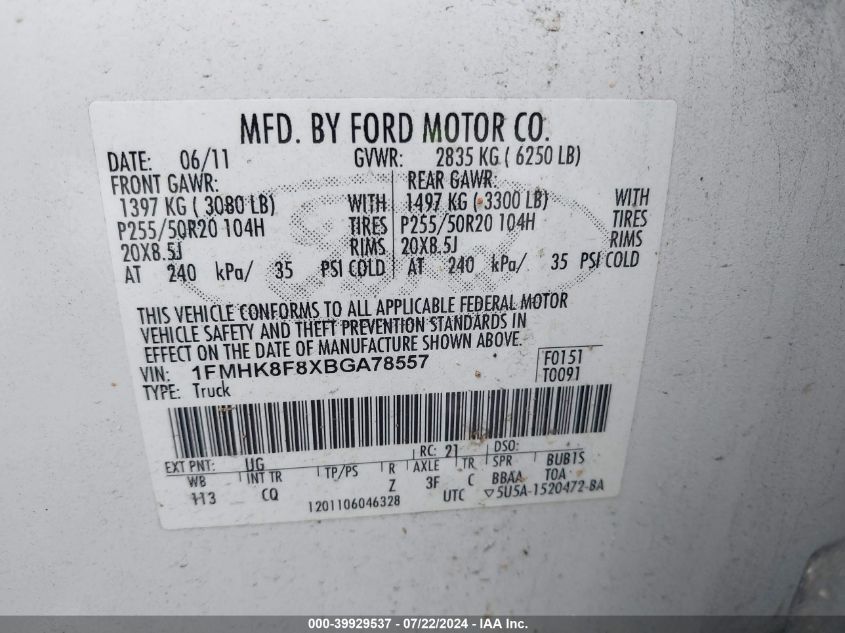 2011 Ford Explorer Limited VIN: 1FMHK8F8XBGA78557 Lot: 39929537