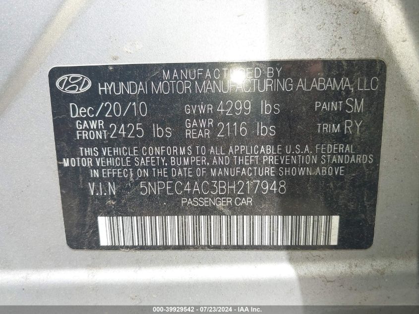 2011 Hyundai Sonata Limited VIN: 5NPEC4AC3BH217948 Lot: 39929542