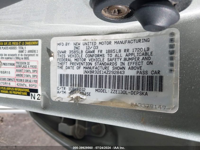 2004 Toyota Corolla S VIN: 1NXBR32E14Z292843 Lot: 39929560