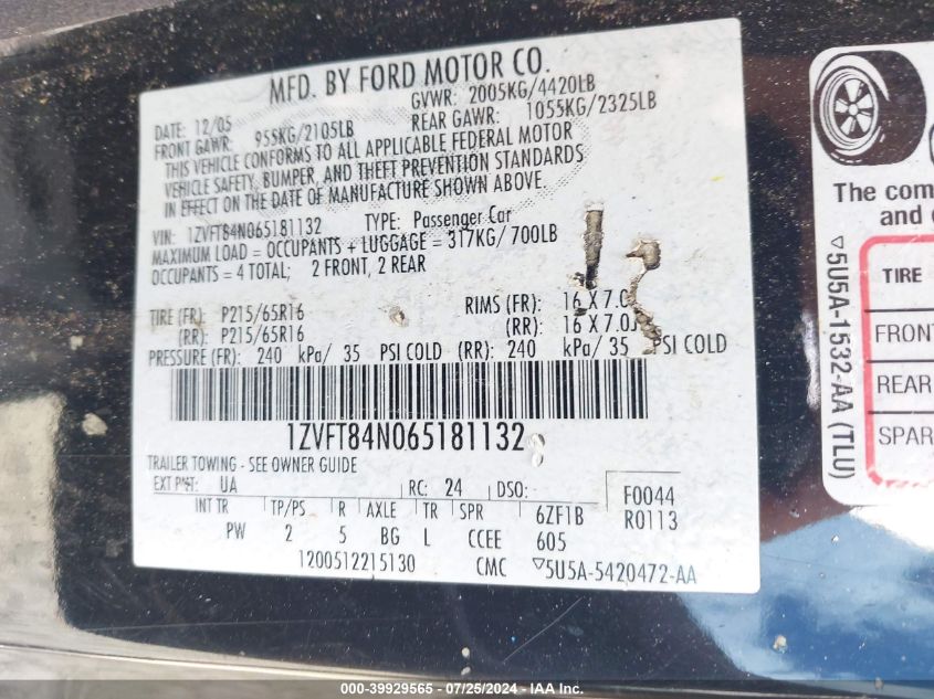 2006 Ford Mustang V6 VIN: 1ZVFT84N065181132 Lot: 39929565