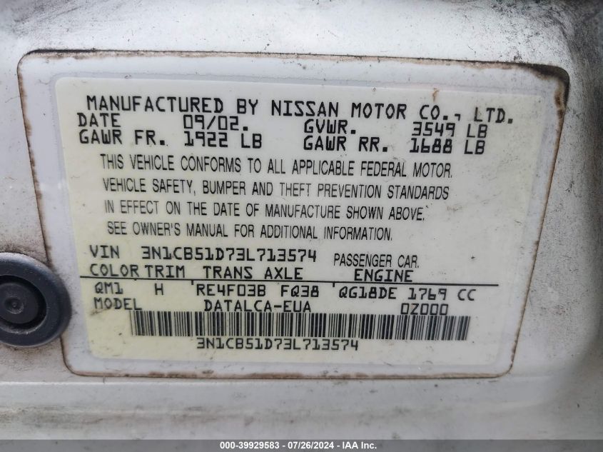 2003 Nissan Sentra Xe VIN: 3N1CB51D73L713574 Lot: 39929583