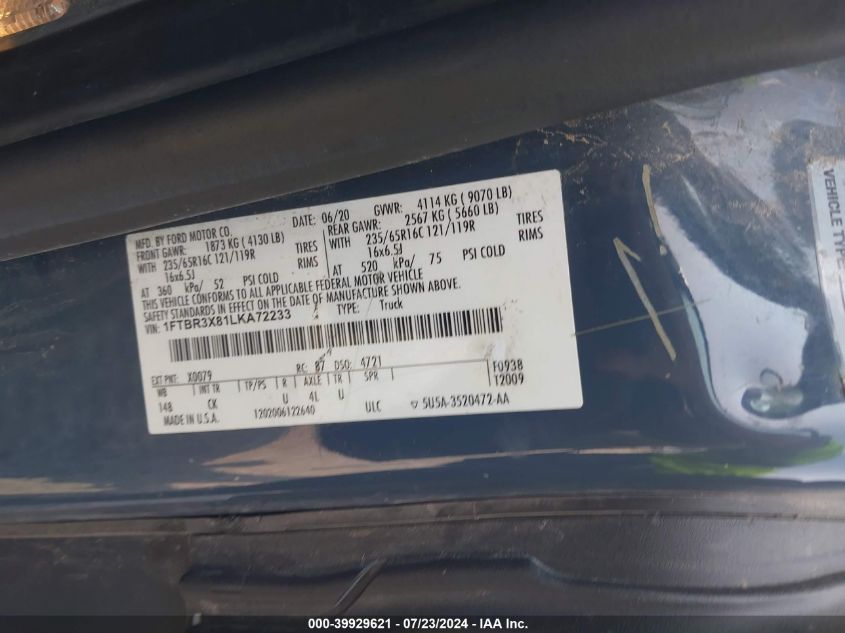 2020 Ford Transit-250 Cargo Van VIN: 1FTBR3X81LKA72233 Lot: 39929621