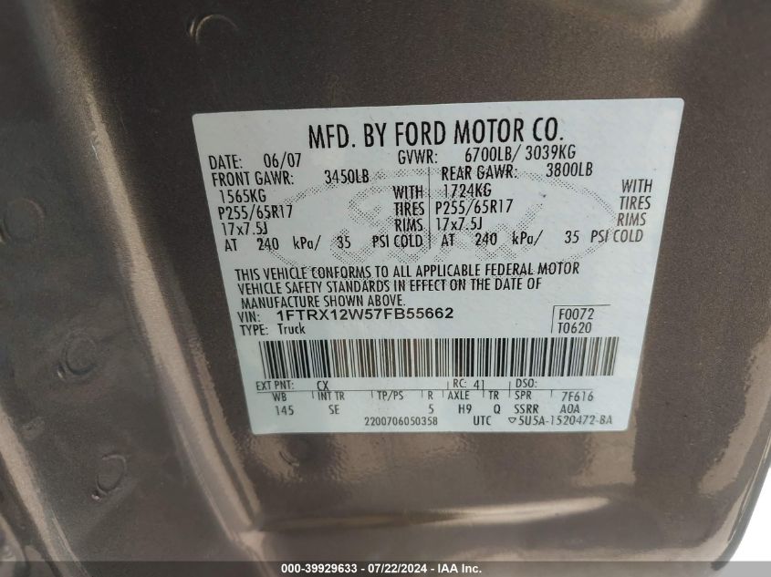 2007 Ford F-150 Stx/Xl/Xlt VIN: 1FTRX12W57FB55662 Lot: 39929633