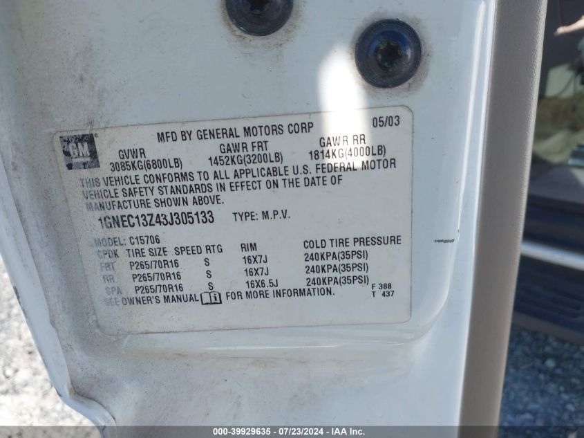 2003 Chevrolet Tahoe Ls VIN: 1GNEC13Z43J305133 Lot: 39929635