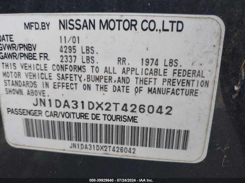 2002 Nissan Maxima Se VIN: JN1DA31DX2T426042 Lot: 39929640