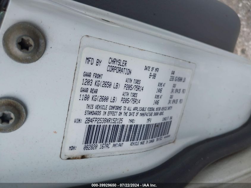 1999 Dodge Caravan VIN: 2B4FP2538XR152125 Lot: 39929650