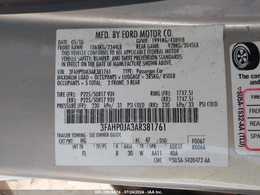 2010 Ford Fusion Sel VIN: 3FAHP0JA3AR381761 Lot: 39929674