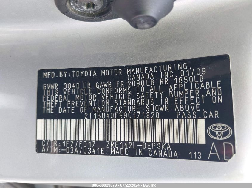 2009 Toyota Corolla S VIN: 2T1BU40E99C171820 Lot: 39929679