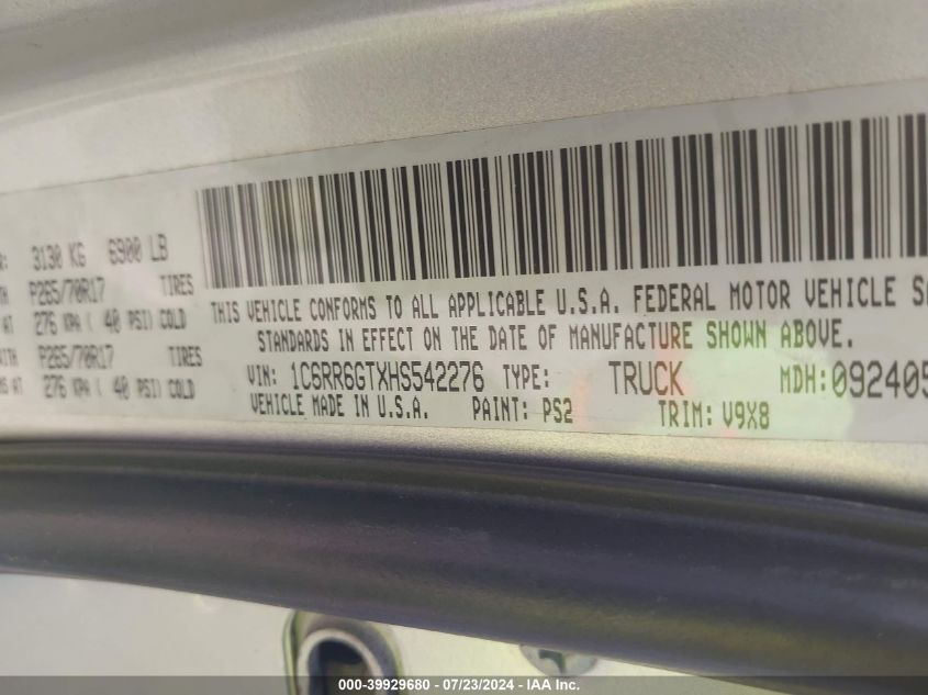 2017 Ram 1500 Slt VIN: 1C6RR6GTXHS542276 Lot: 39929680