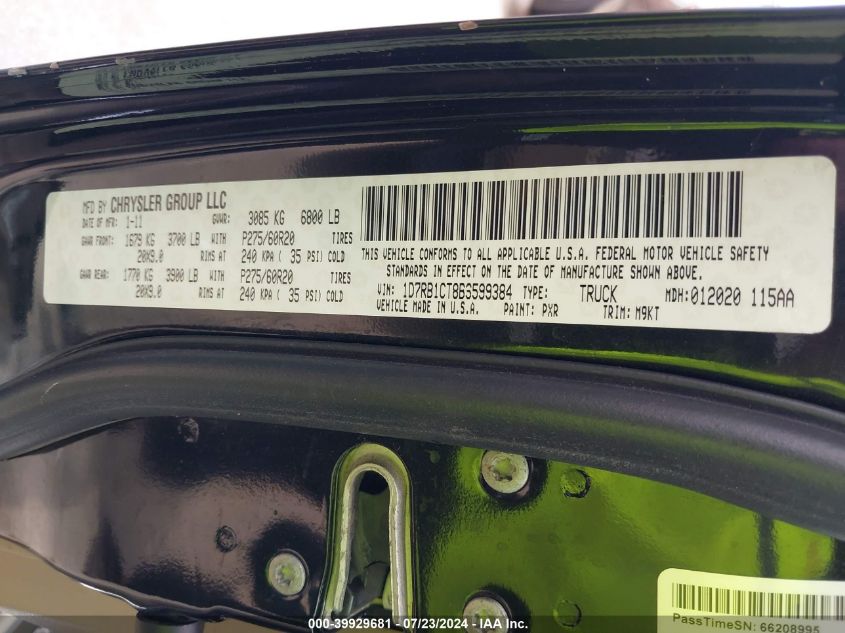 2011 Ram Ram 1500 Slt VIN: 1D7RB1CT8BS599384 Lot: 39929681