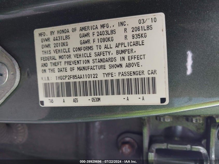 2010 Honda Accord Sdn 2.4 Ex-L/Ex-L VIN: 1HGCP2F85AA110122 Lot: 39929696